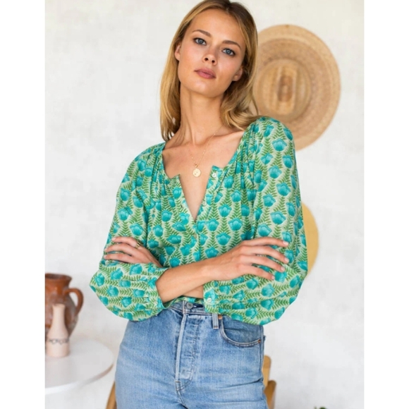 Emerson Fry India Collection Frances Blouse Organic Cotton Block Printed M - Picture 5 of 15